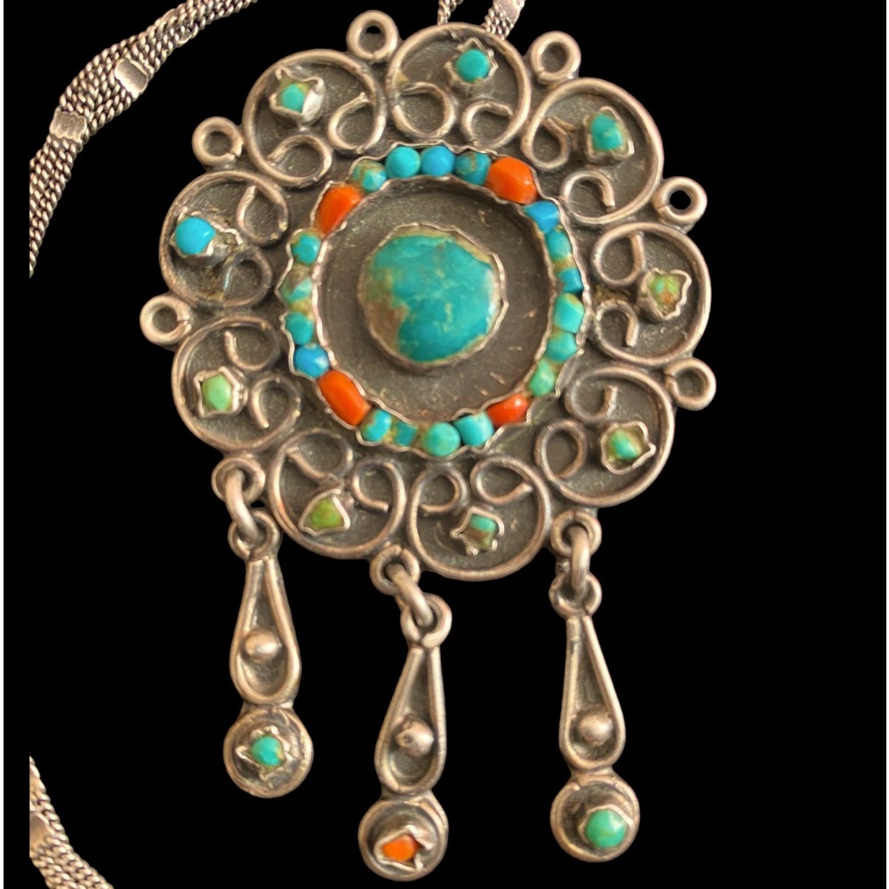 Vintage 925 Mexico Pendant/ Brooch W inlaid Turquoise Coral, MATL Style